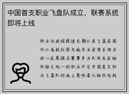 中国首支职业飞盘队成立，联赛系统即将上线
